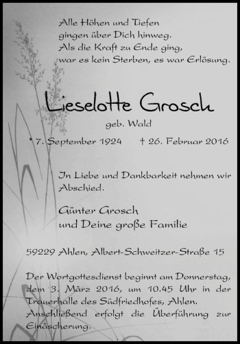 Anzeige von Lieselotte Grosch von Westfälische Nachrichten