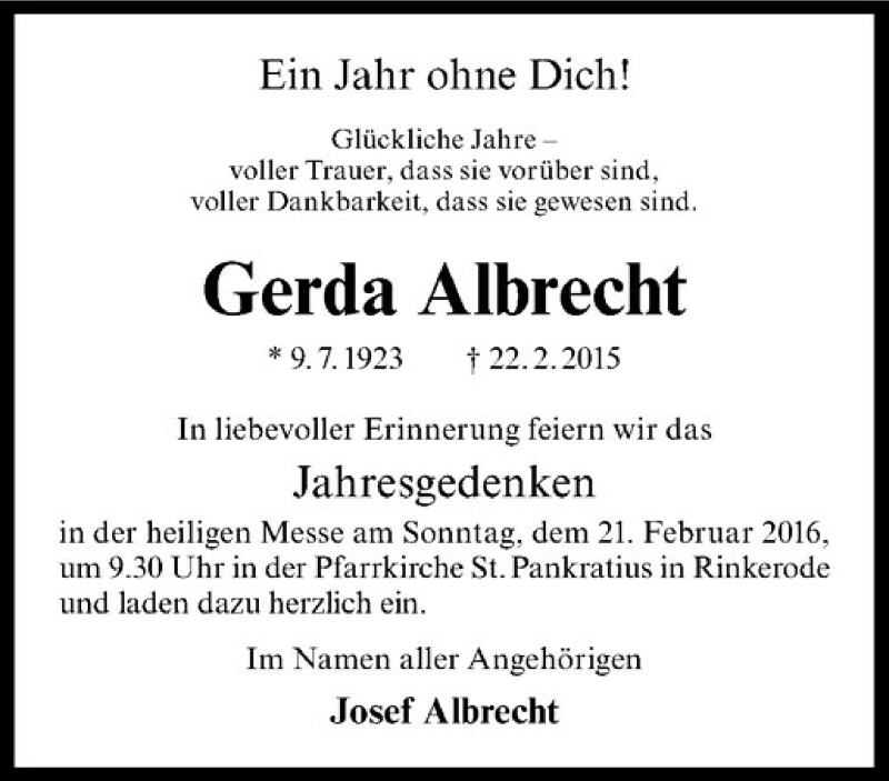  Traueranzeige für Gerda Albrecht vom 20.02.2016 aus Westfälische Nachrichten