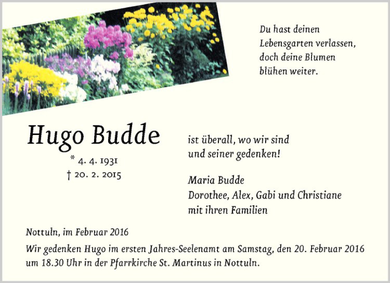  Traueranzeige für Hugo Budde vom 13.02.2016 aus Westfälische Nachrichten