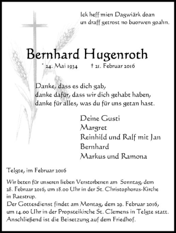 Anzeige von Bernhard Hugenroth von Westfälische Nachrichten