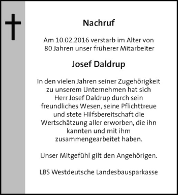 Anzeige von Josef Daldrup von Westfälische Nachrichten