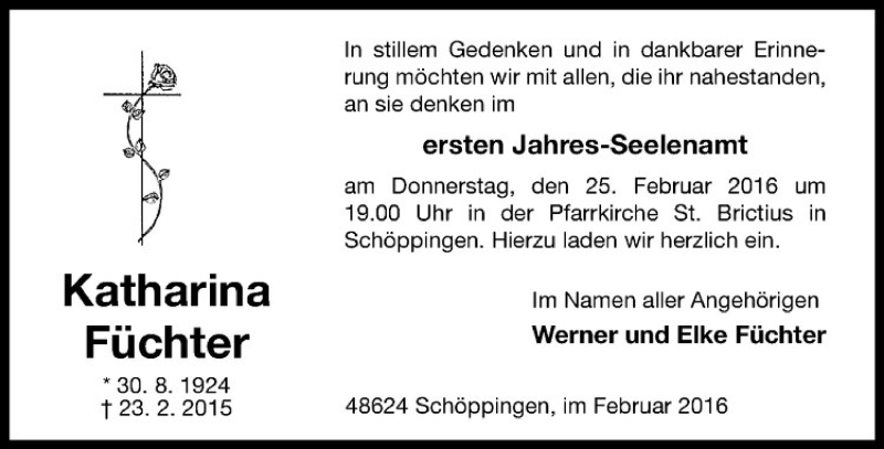  Traueranzeige für Katharina Füchter vom 20.02.2016 aus Westfälische Nachrichten