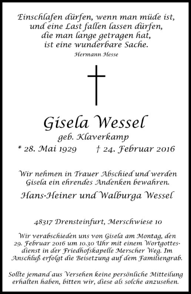  Traueranzeige für Gisela Wessel vom 27.02.2016 aus Westfälische Nachrichten