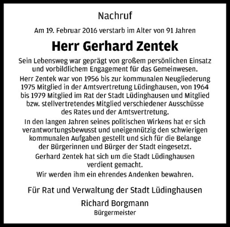  Traueranzeige für Gerhard Zentek vom 25.02.2016 aus Westfälische Nachrichten