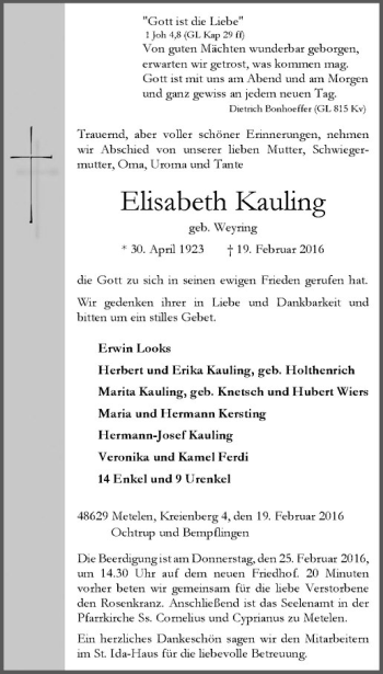 Anzeige von Elisabeth Kauling von Westfälische Nachrichten
