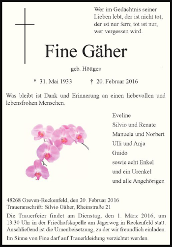 Anzeige von Fine Gäher von Westfälische Nachrichten