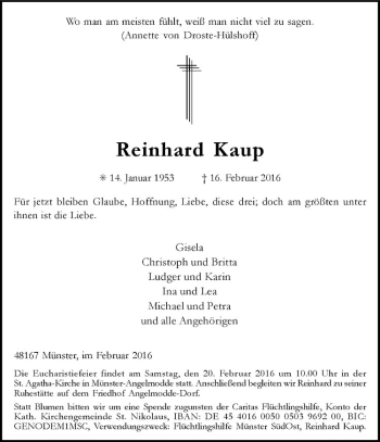 Anzeige von Reinhard Kaup von Westfälische Nachrichten