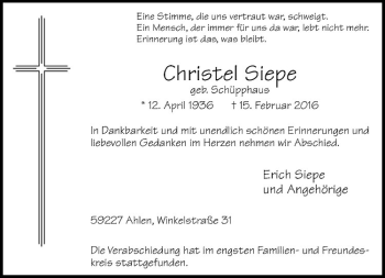 Anzeige von Christel Siepe von Westfälische Nachrichten