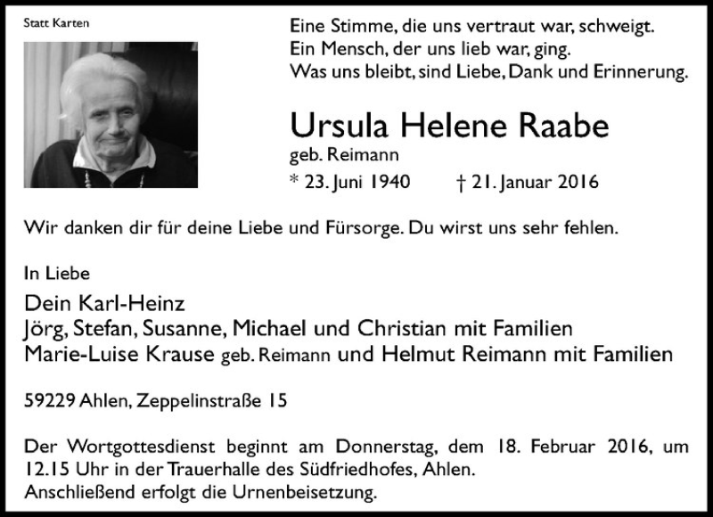  Traueranzeige für Ursula Helene Raabe vom 13.02.2016 aus Westfälische Nachrichten