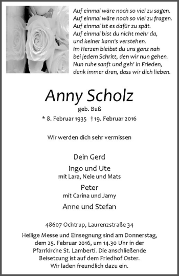 Anzeige von Anny Scholz von Westfälische Nachrichten