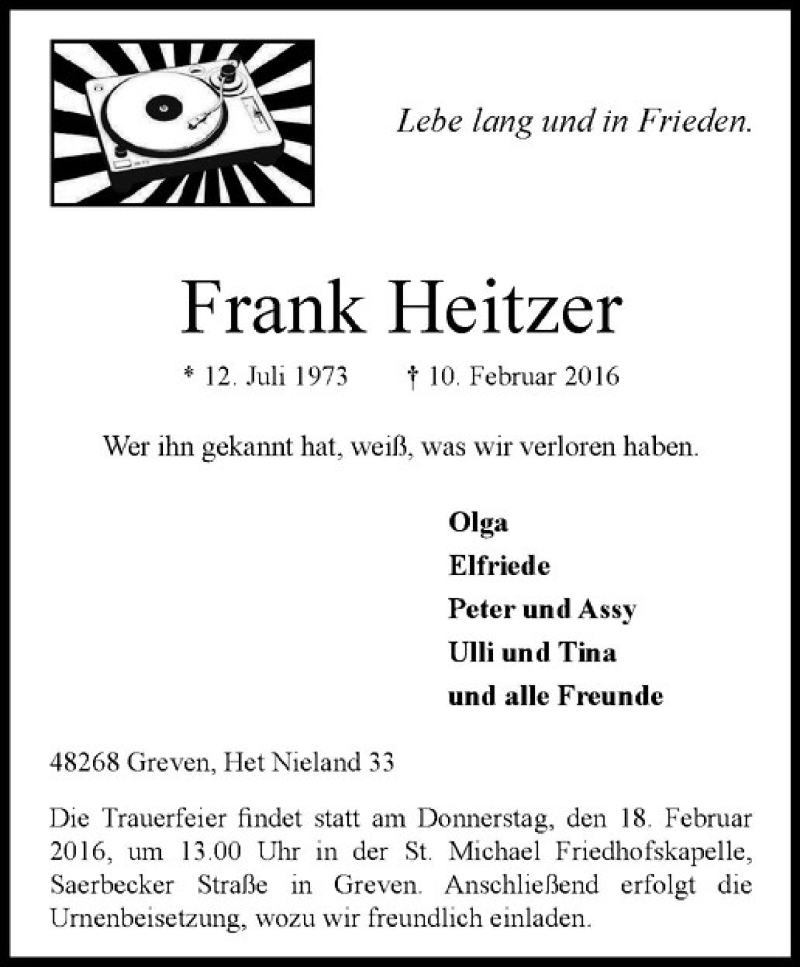  Traueranzeige für Frank Heitzer vom 13.02.2016 aus Westfälische Nachrichten