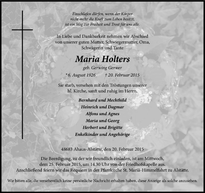  Traueranzeige für Maria Holters vom 23.02.2015 aus Westfälische Nachrichten