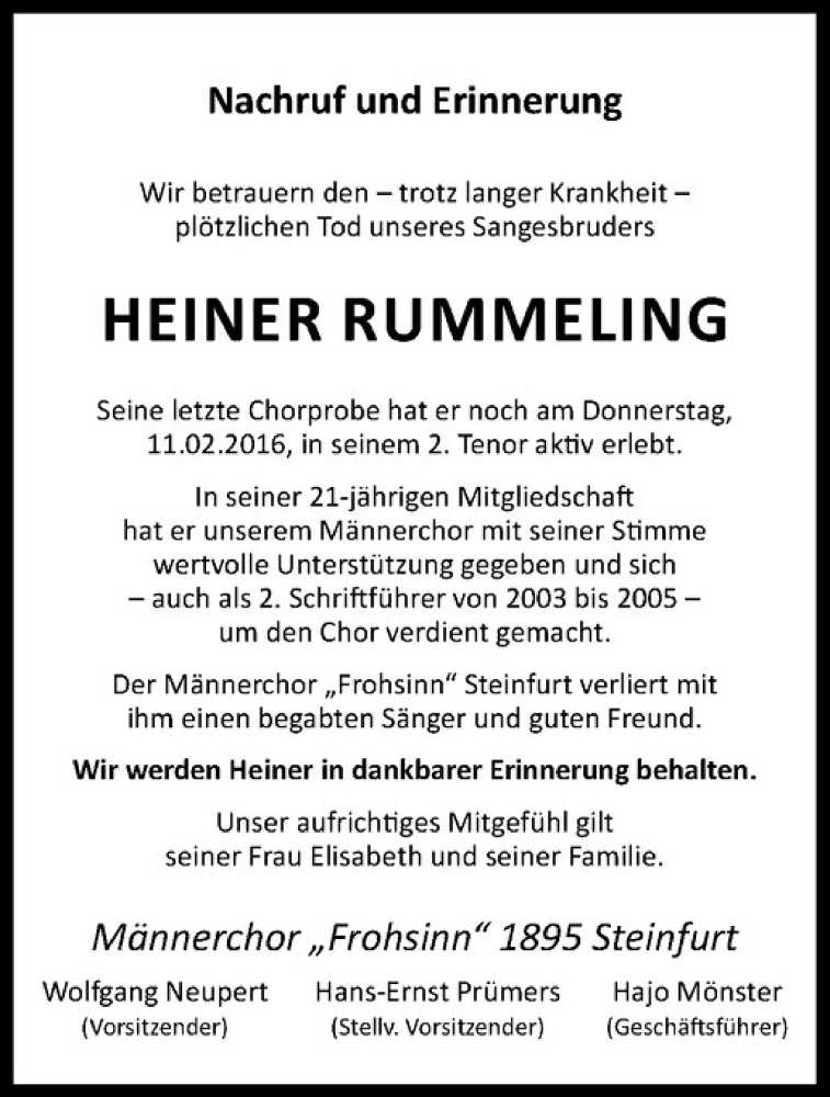  Traueranzeige für Heiner Rummeling vom 20.02.2016 aus Westfälische Nachrichten