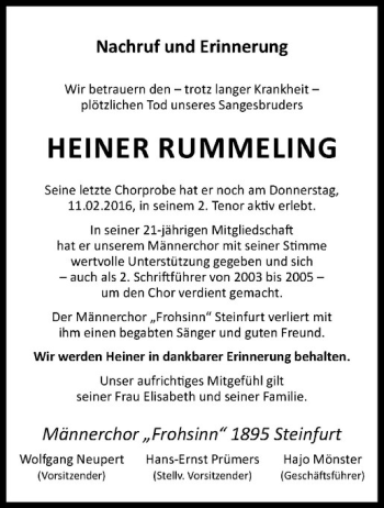 Anzeige von Heiner Rummeling von Westfälische Nachrichten
