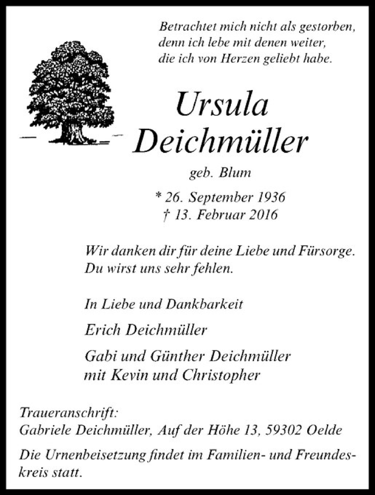  Traueranzeige für Ursula Deichmüller vom 17.02.2016 aus Westfälische Nachrichten