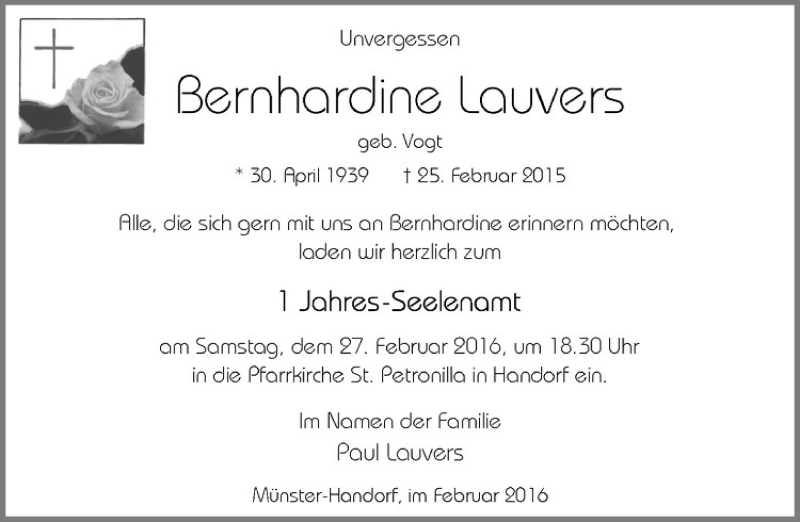  Traueranzeige für Berhardine Lauvers vom 20.02.2016 aus Westfälische Nachrichten