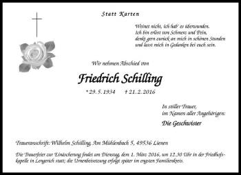 Anzeige von Friedrich Schilling von Westfälische Nachrichten