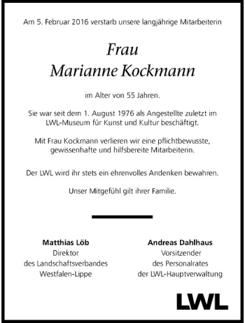 Anzeige von Marianne Kockmann von Westfälische Nachrichten