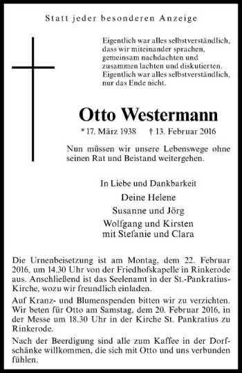 Anzeige von Otto Westermann von Westfälische Nachrichten