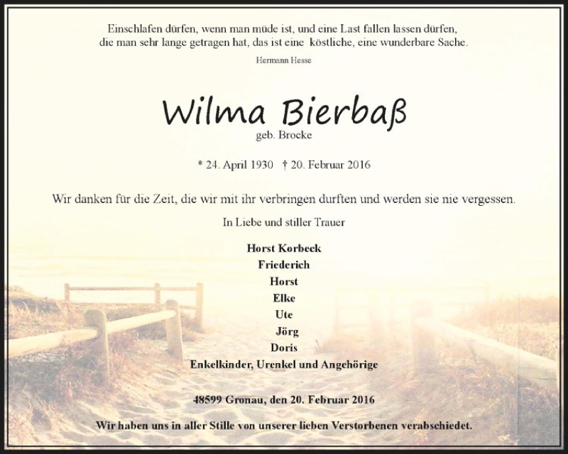  Traueranzeige für Wilma Bierbaß vom 27.02.2016 aus Westfälische Nachrichten