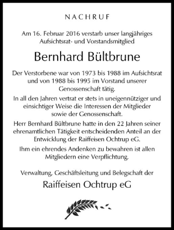 Anzeige von Bernhard Bültbrune von Westfälische Nachrichten