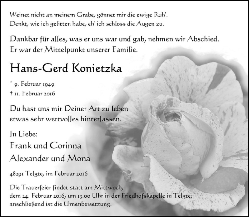  Traueranzeige für Hans-Gerd Konietzka vom 13.02.2016 aus Westfälische Nachrichten
