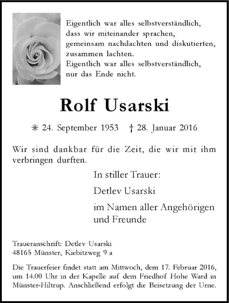  Traueranzeige für Rolf Usarski vom 13.02.2016 aus Westfälische Nachrichten