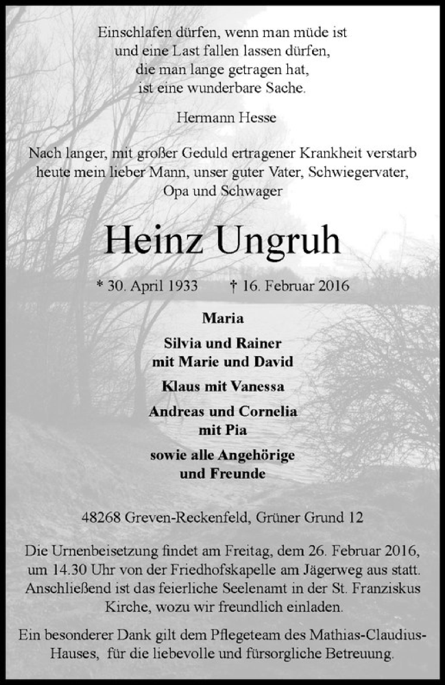  Traueranzeige für Heinz Ungruh vom 24.02.2016 aus Westfälische Nachrichten