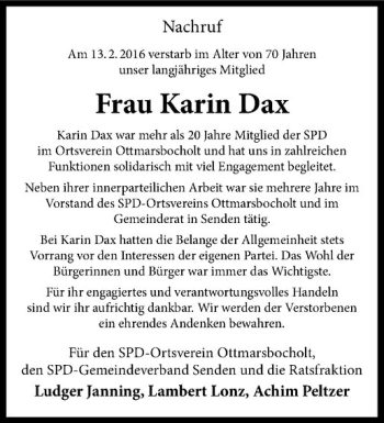 Anzeige von Karin Dax von Westfälische Nachrichten