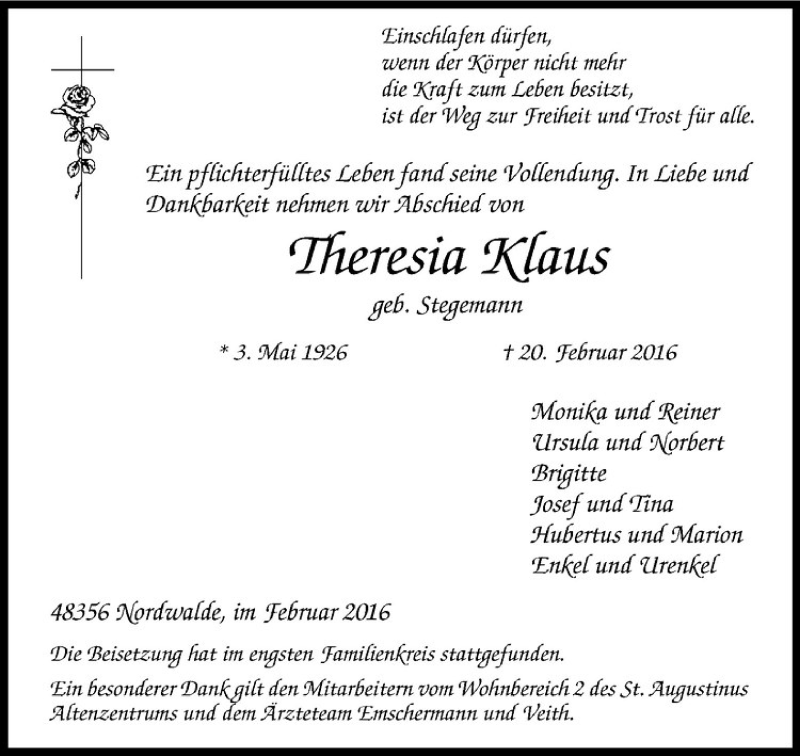  Traueranzeige für Theresia Klaus vom 27.02.2016 aus Westfälische Nachrichten