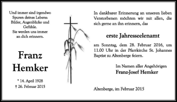 Anzeige von Franz Hemker von Westfälische Nachrichten