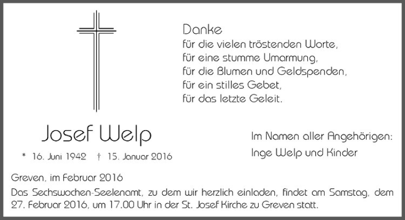  Traueranzeige für Josef Welp vom 20.02.2016 aus Westfälische Nachrichten