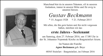 Anzeige von Gustav Beckmann von Westfälische Nachrichten