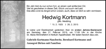 Anzeige von Hedwig Kortmann von Westfälische Nachrichten