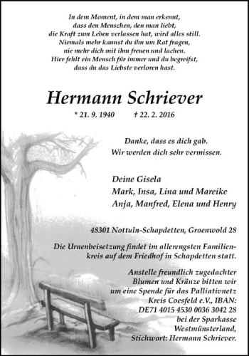 Anzeige von Hermann Schriever von Westfälische Nachrichten
