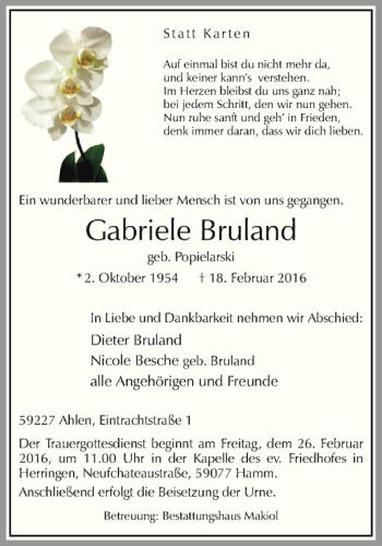 Anzeige von Gabriele Bruland von Westfälische Nachrichten