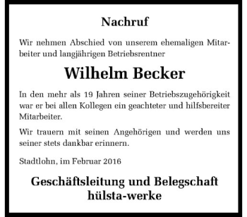 Anzeige von Wilhelm Becker von Westfälische Nachrichten