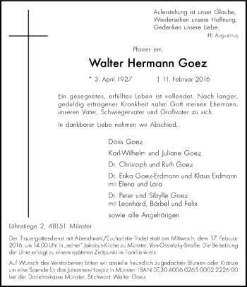 Anzeige von Walter Hermann Goez von Westfälische Nachrichten