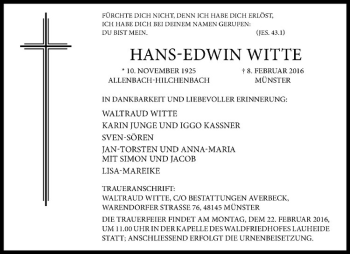Anzeige von Hans-Edwin Witte von Westfälische Nachrichten