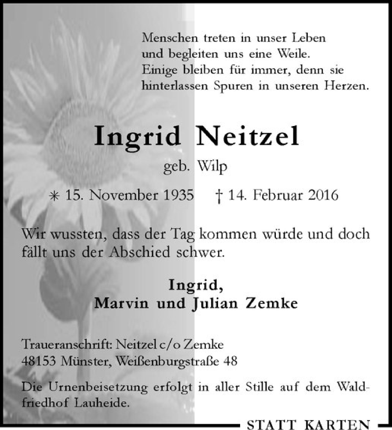  Traueranzeige für Ingrid Neitzel vom 20.02.2016 aus Westfälische Nachrichten