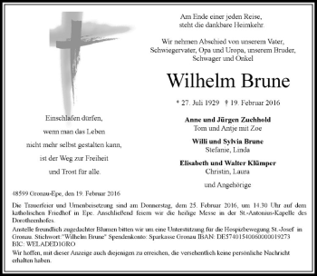 Anzeige von Wilhelm Brune von Westfälische Nachrichten