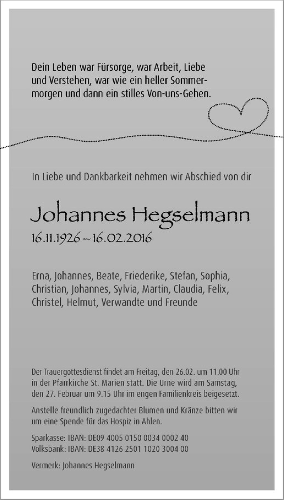  Traueranzeige für Johannes Hegselmann vom 20.02.2016 aus Westfälische Nachrichten