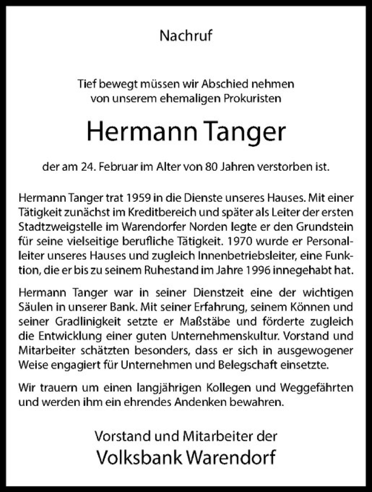  Traueranzeige für Hermann Tanger vom 29.02.2016 aus Westfälische Nachrichten