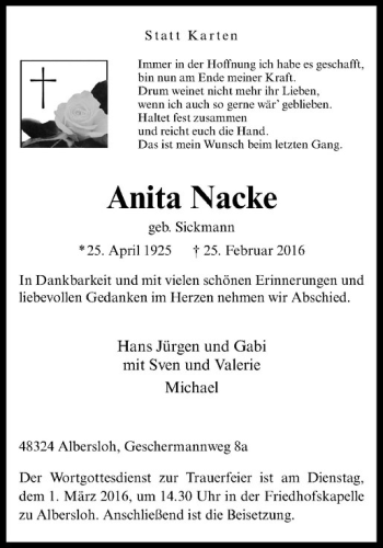 Anzeige von Anita Nacke von Westfälische Nachrichten