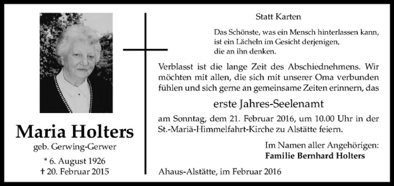  Traueranzeige für Maria Holters vom 17.02.2016 aus Westfälische Nachrichten