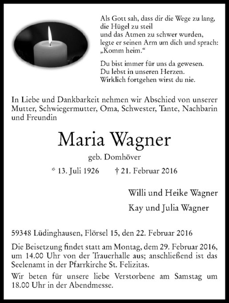  Traueranzeige für Maria Wagner vom 24.02.2016 aus Westfälische Nachrichten