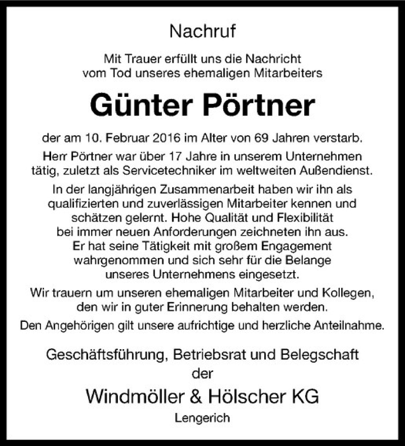  Traueranzeige für Günter Pörtner vom 19.02.2016 aus Westfälische Nachrichten