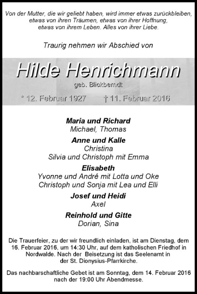  Traueranzeige für Hilde Henrichmann vom 13.02.2016 aus Westfälische Nachrichten