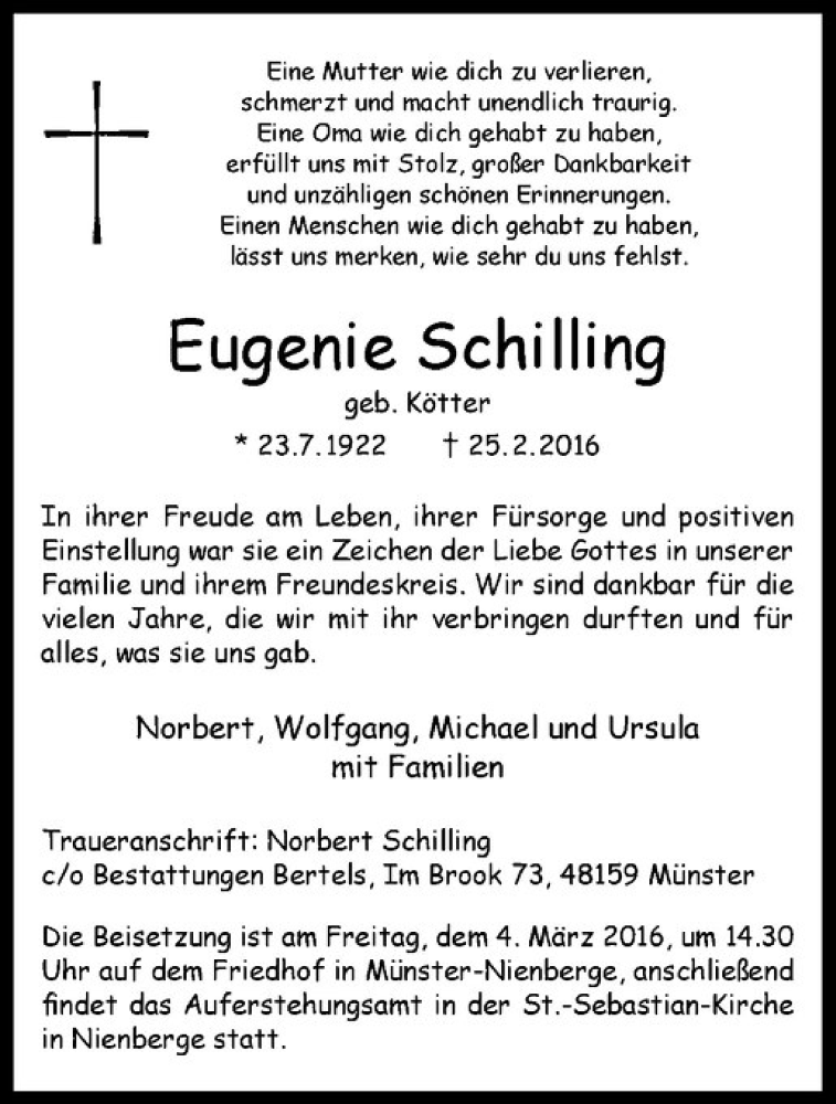  Traueranzeige für Eugenie Schilling vom 27.02.2016 aus Westfälische Nachrichten