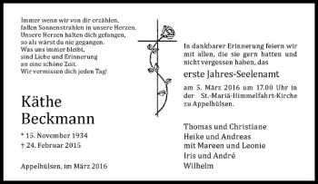 Anzeige von Käthe Beckmann von Westfälische Nachrichten